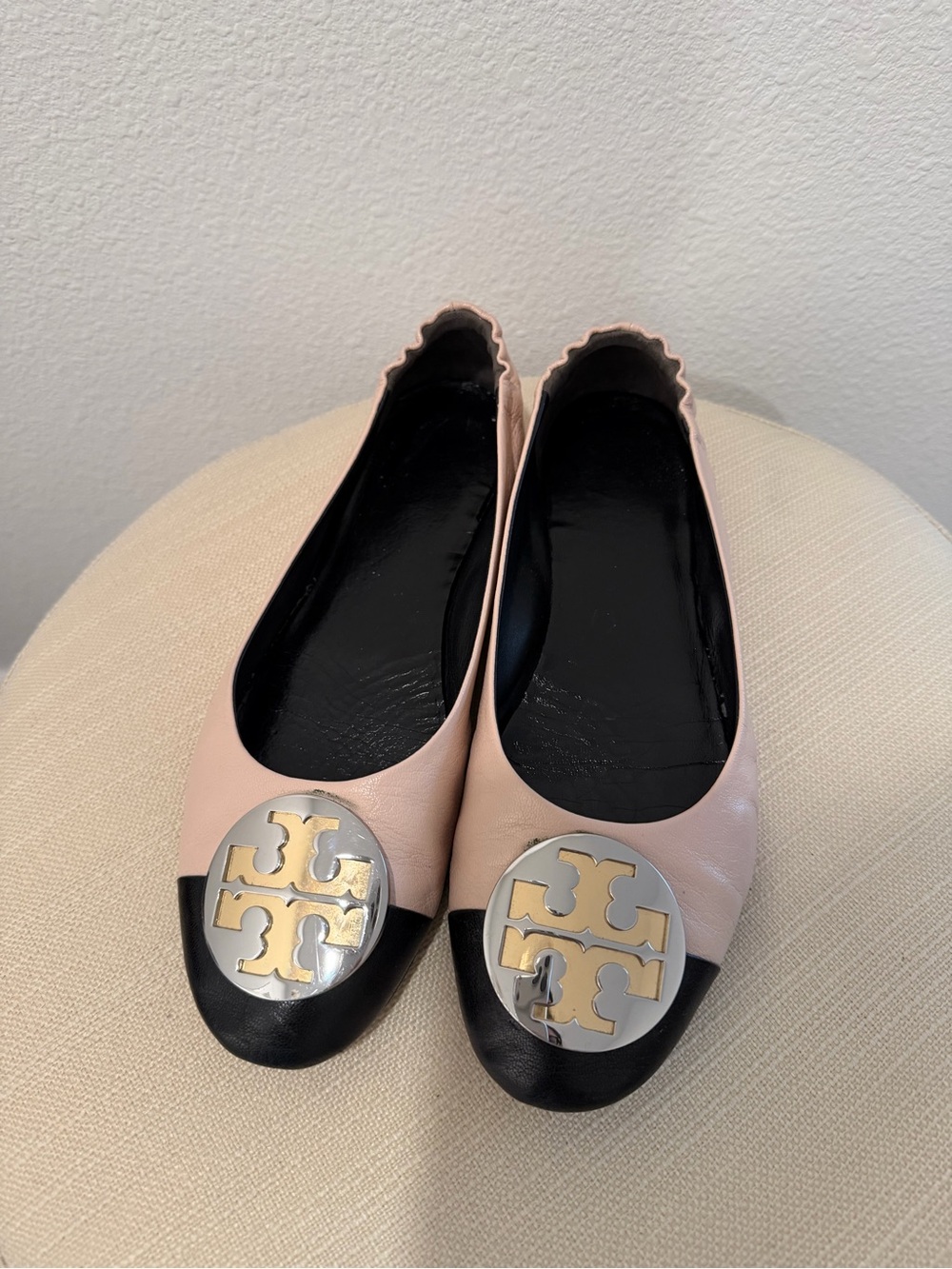 Tory Burch Blush Pink and Black Logo Cap-Toe Ballet Flats